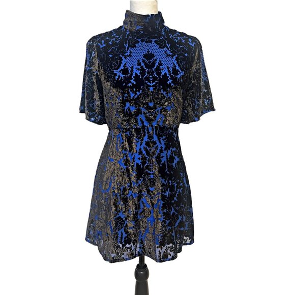 Anthropologie Velvet Rose Floral Mini Dress Mock A-Line Botton Flare Open Back - Picture 6 of 13
